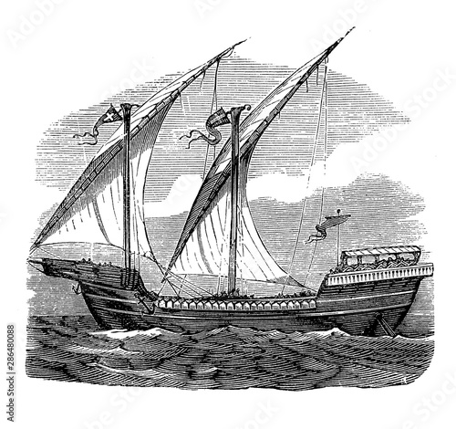 Fotografía French ship of the 13th century at Louis IX times, caravel ship with lateen rigg