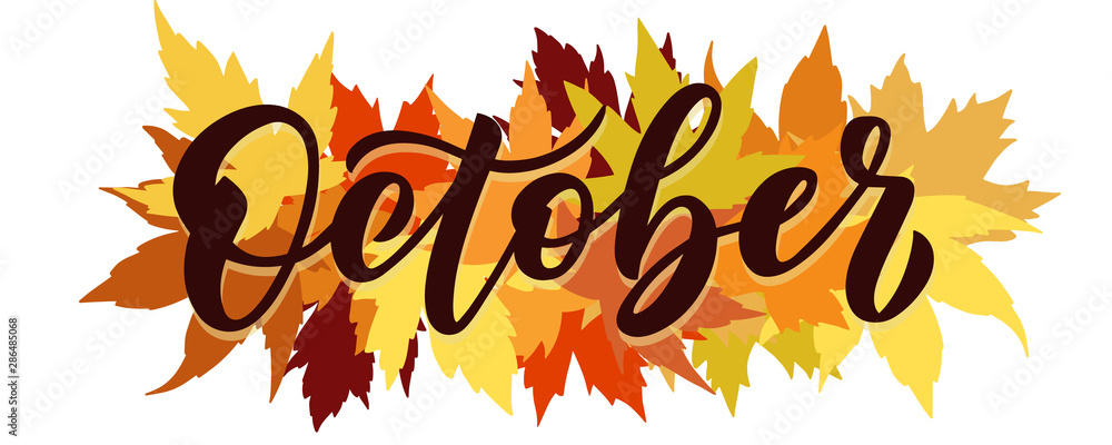 October, vector script with decorative maple leaves elements. Hand drawn brush lettering for autumn events, posters, and banners. - obrazy, fototapety, plakaty 