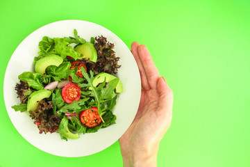 salad healthy, vegetables (avocado, tomato, mix leaves, arugula, lettuce, onions and more) top menu concept. food background. copy space