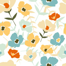 Folk Floral Seamless Pattern On White Background. Modern Abstract Little Flowers And Leaves