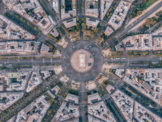 aerial of the arc de triomphe in paris, france