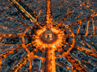 Wall Mural - Aerial of the Arc de Triomphe in Paris, France at night