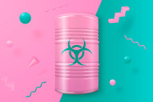 Vector 3d Realistic Biohazard Barrel Abstract Scene With Pink, Green And White Balls And Objects.