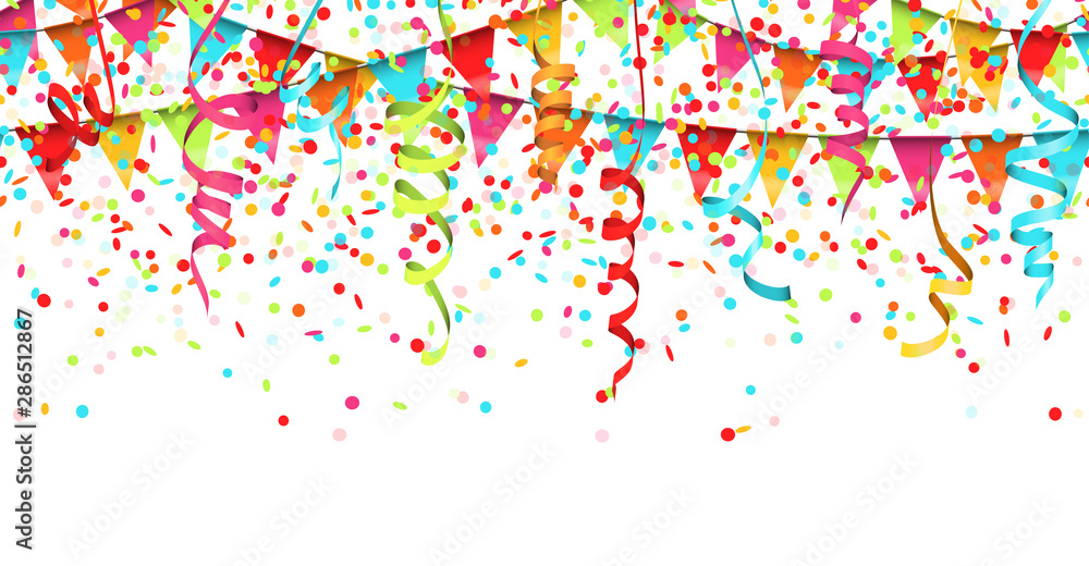 seamless colored confetti, streamers and garlands background - obrazy, fototapety, plakaty 