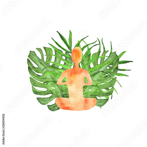 watercolor composition bouquet of a silhouette of a man practicing yoga and t...