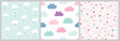 Cute scandinavian pattern set with clouds and hearts. Vector seamless background for Valentines day with clouds and heart rain. Illustration for babies, kids.