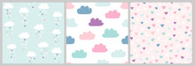 Cute Scandinavian Pattern Set With Clouds And Hearts. Vector Seamless Background For Valentines Day With Clouds And Heart Rain. Illustration For Babies, Kids.