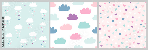 Cotton fabric Cute scandinavian pattern set with clouds and hearts. Vector seamless background for Valentines day with clouds and heart rain. Illustration for babies, kids.