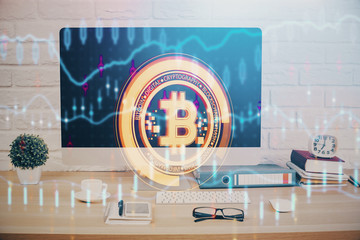 Double exposure of blockchain and crypto economy theme hologram and table with computer background. Concept of bitcoin cryptocurrency.