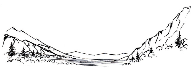 Sketch of lake surrounded by pine and deciduous forest against backdrop of mountain chain, isolated on white background. Black and white hand drawn landscape illustration on paper