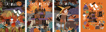 Happy Halloween! Vector Illustrations Of A Picnic With Characters: Ghosts, A Witch And A Skeleton; Castle In The Forest; Witch Cooking Potion And A Set Of Objects. Cute Pictures For Poster
