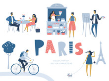Vector Cartoon Character. Locals Of Paris. Travel Poster. Lovers, Artist, Young Woman With Dog, Bicyclist, Flower Seller. Flat Design, White Isolated