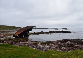 shipwreck along the shoreline of the fishing village Ile aux Marin Saint Pierre, Saint Pierre and Miquelon