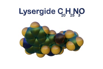 Structural chemical formula and space-filling molecular model of lysergide (LSD), a semi-synthetic potent hallucinogen. Medical background. Scientific background. 3d illustration