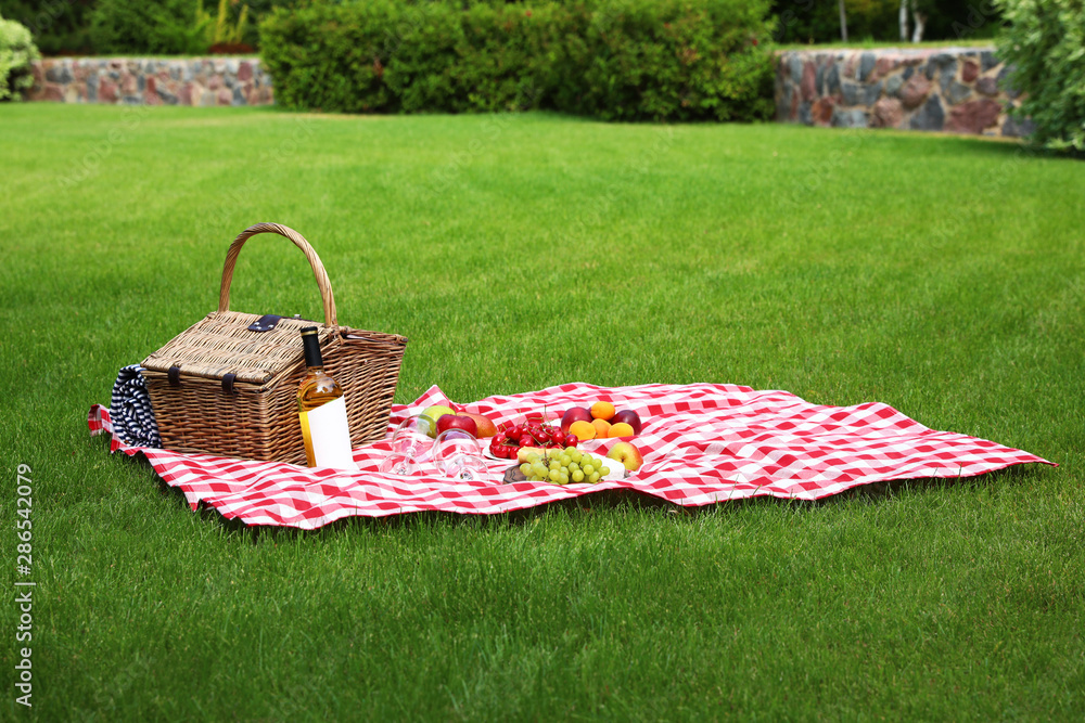 Picnic basket with products and bottle of wine on checkered blanket in garden - obrazy, fototapety, plakaty 
