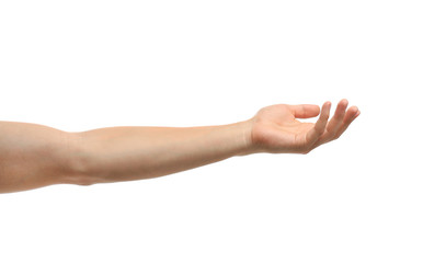 Wall Mural - young man held out hand on white background, closeup