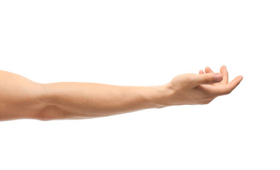 Wall Mural - young man held out hand on white background, closeup