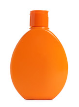 Orange Bottle With Sun Protection Body Cream On White Background. Cosmetic Product