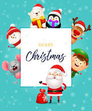 Christmas Festive Banner Design In Frame With Santa Claus And Other Personages On Blue Background. Lettering Can Be Used For Gift Card, Announcement, Invitation