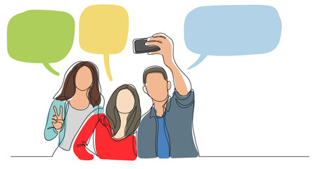 Wall Mural - group of happy young friends making selfie with speech bubbles - one line drawing