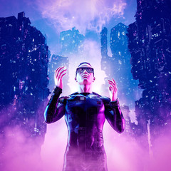 Wall Mural - neon night hero / 3d illustration of man with sunglasses in futuristic neon lit cyberpunk city