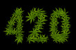 Four-twenty time for smoking marijuana. Cannabis leaves on a black background. Figures 420 laid out from hemp leaves. Four-twenty. Conceptual.