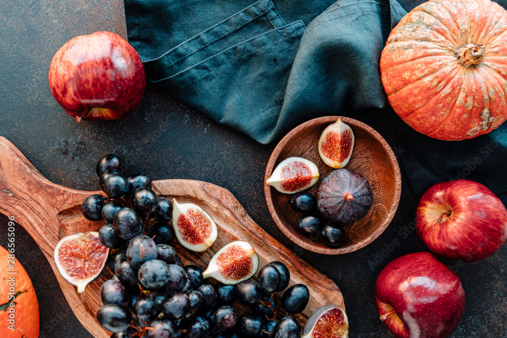 Top view of Autumn food still life with season fruits and vegetables ...