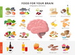 Healthy food and bad food for brains infographic elements in detailed flat design isolated on white background. Big collection of foods icons around the Brain illustration, medical infographic theme.