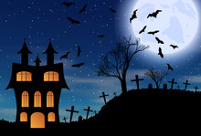 Halloween Bats And Dark Castle On Blue Moon Background. Vector Illustration.
