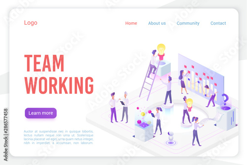Team Working Landing Page Isometric Vector Template Stock Market