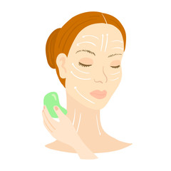 Gua Sha facial massage. Woman with scraper.