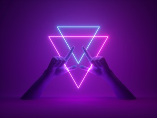 3d render, minimal neon background, mannequin hands, pink blue glowing abstract geometric sign, witch drawing mysterious triangular symbol, halloween occult ritual, ultraviolet light, fashion concept