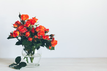 Romantic bouquet of bright red orange roses in a glass vase on a white background.