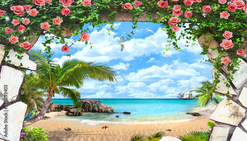 Fotografía 3d nature wallpaper and stone arch waterfall