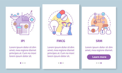 Industry management onboarding mobile app page screen with linear concepts. Manufacturing, IPI, FMCG, SRM walkthrough steps graphic instructions. UX, UI, GUI vector template with illustrations