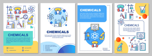 Chemicals industry template layout. Flyer, booklet, leaflet print design with linear illustrations. Scientific research, lab. Vector page layouts for magazines, annual reports, advertising posters