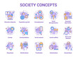 Society concept icons set. Social issues, behavioral problems idea thin line illustration. Violence and abuse, unemployment, crimes. Social conflicts. Vector isolated outline drawing. Editable stroke