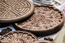 Wooden Household Items With Ancient Slavic Nordic Handmade Symbols Crests, Runes, Hats.