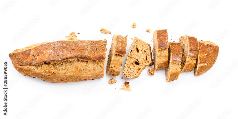 Tasty cut bread on white background