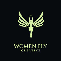 women fly angel gold logo, award, and wings with silhouette style