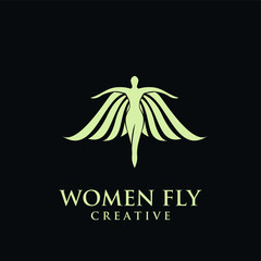 Wall Mural - women fly angel gold logo, award, and wings with silhouette style