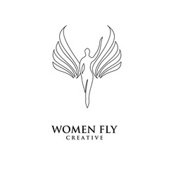 Wall Mural - women fly angel line logo, award, and wings with silhouette style