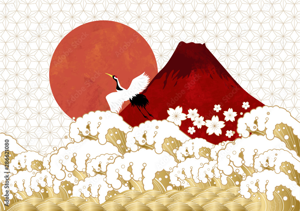 富士山 山 津波 海 浮世絵 和風 手書き 地紋 鶴 正月 背景素材 Stock