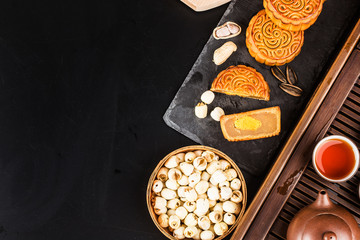 Poster - Traditional mooncakes on table setting with teacup.