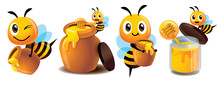 Cartoon Cute Bee Mascot Set. Cartoon Cute Bee With Honey Pot Set. Cute Bee Carries Honey Pot And Organic Honey Bottle - Vector Character Illustration Isolated
