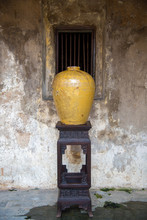 Traditional Chinese Rice Wine Jars For Liquor Fermentation On Vintage Tabel At Thailand , Old Jar.