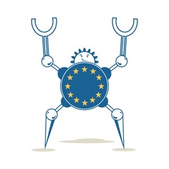 Wall Mural - Cute vintage robot. Robotics industry relative image. Cartoon person. Flag of the European Union