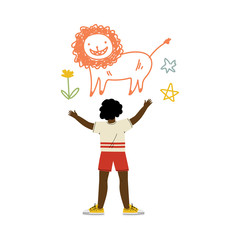 Wall Mural - Cute African American Boy Drawing Lion on Wall, View From Behind Vector Illustration