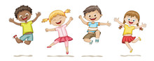 Happy Jumping Kids. Funny Cartoon Hand Drawn Character.