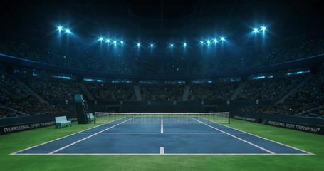 Wall Mural - Lighting the tennis blue court before the game in the hall full of spectators, professional tennis sport 4k animation loop background